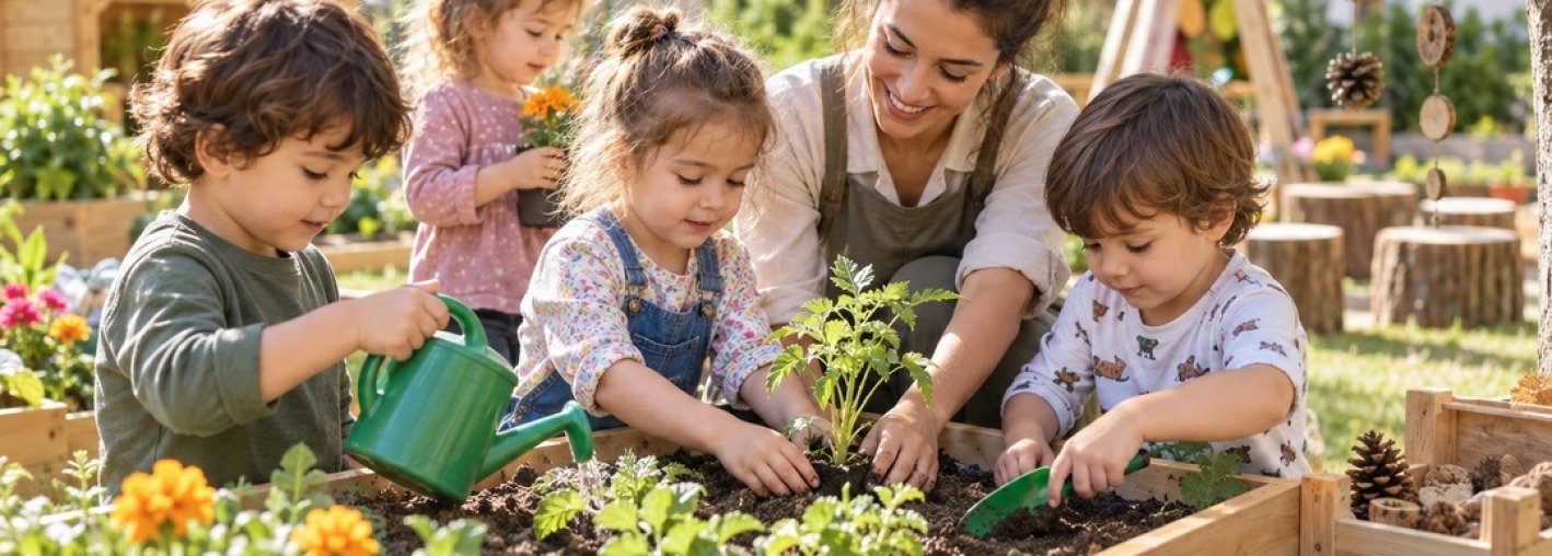 STEM ve keşif etkinliğinde bahçede gözlem yapan çocuklar