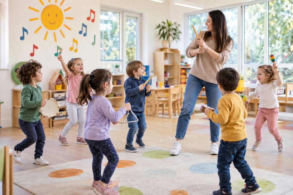 Müzik ve hareket etkinlikleri sırasında ritim çalışan çocuklar