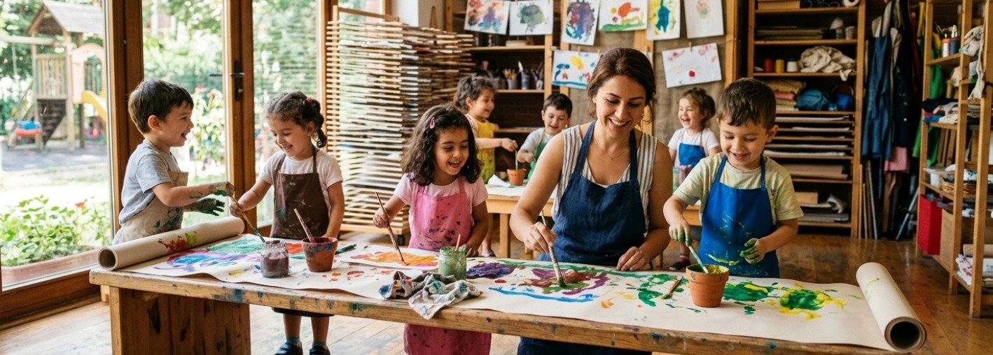 Sanat ve yaratıcılık atölyeleri sırasında boyama yapan çocuklar